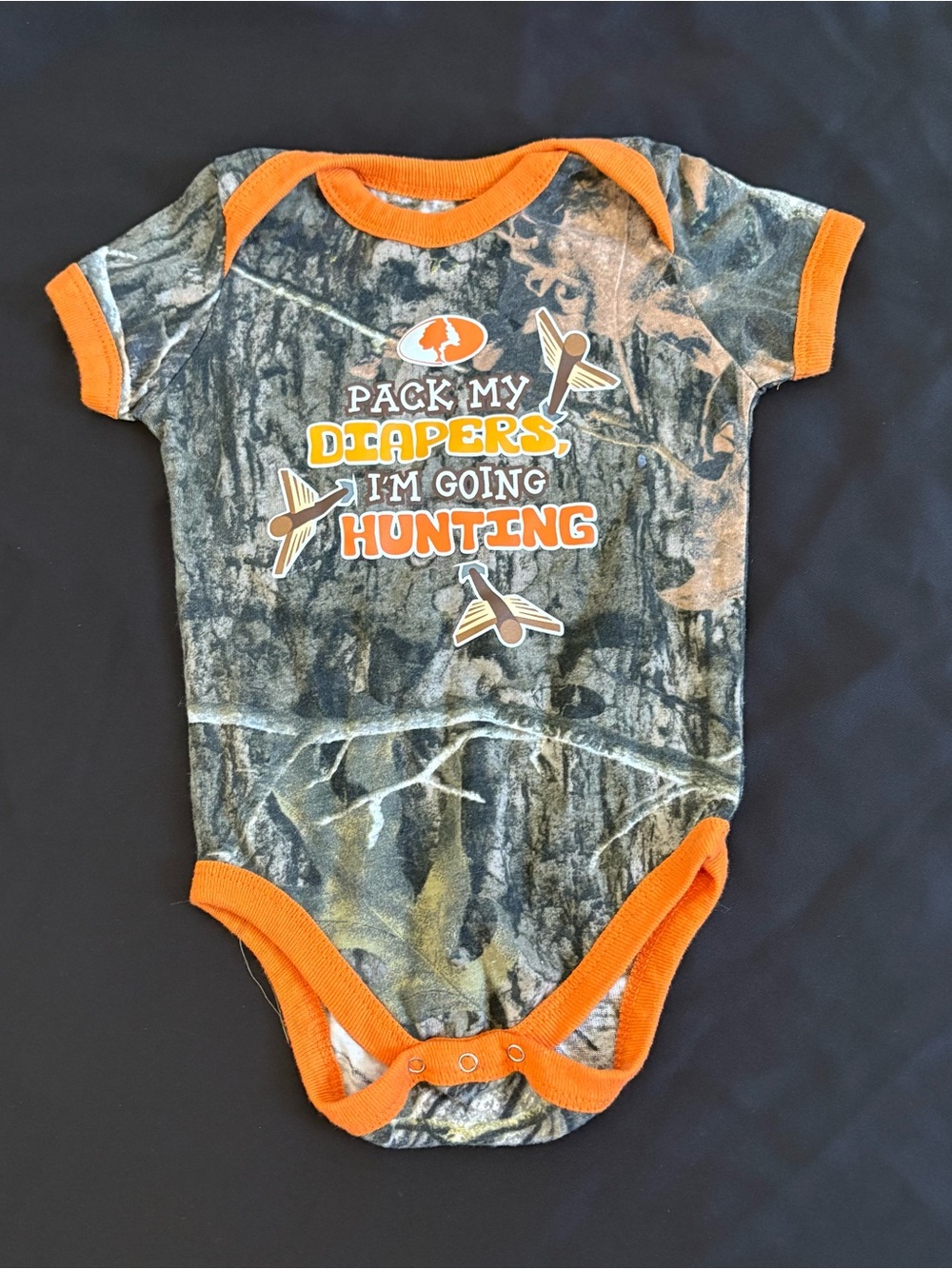 Mossy Oak Camo Baby One-Piece with Orange Trim 🦌🦌🦌